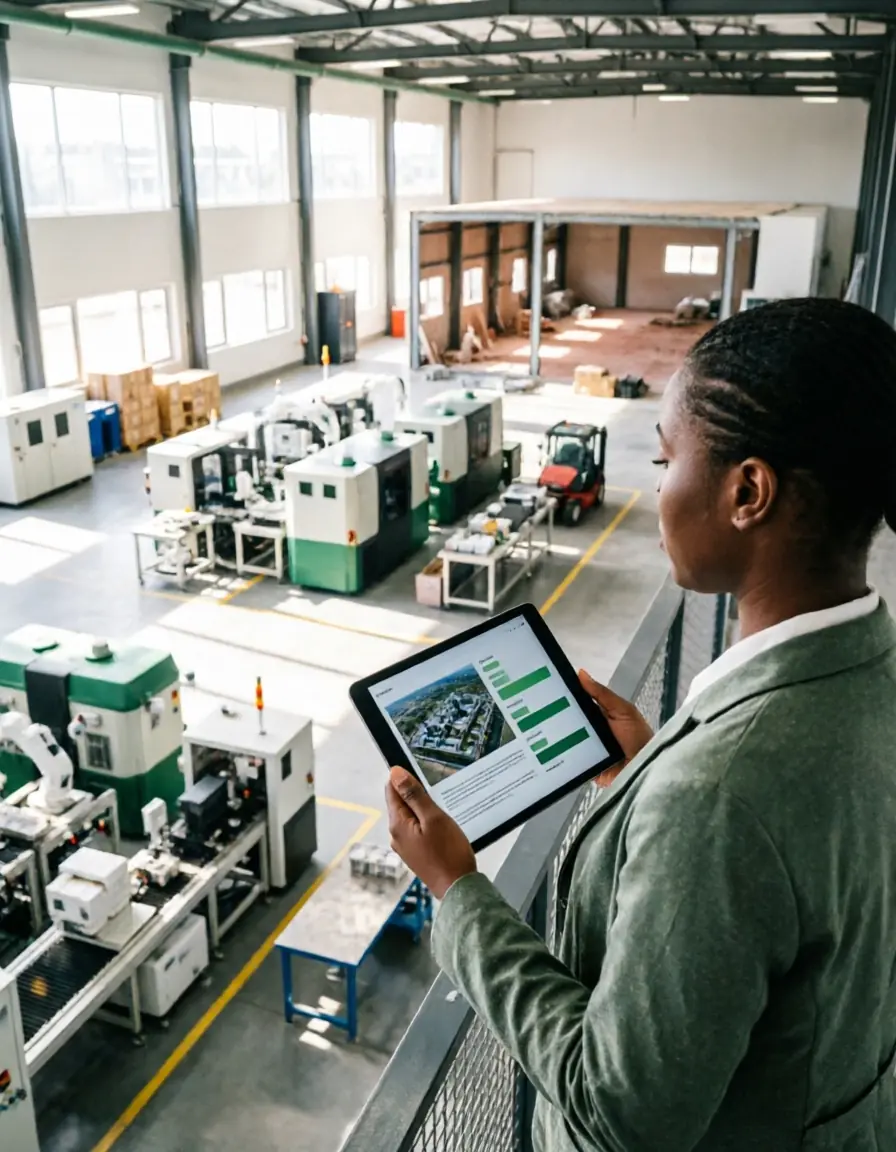 Analyst reviewing data above an automated factory floor