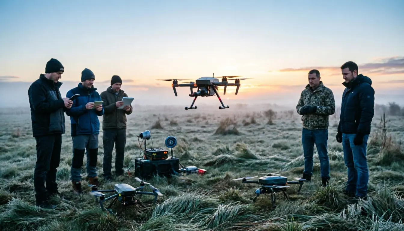 Engineers observing autonomous drones in a field